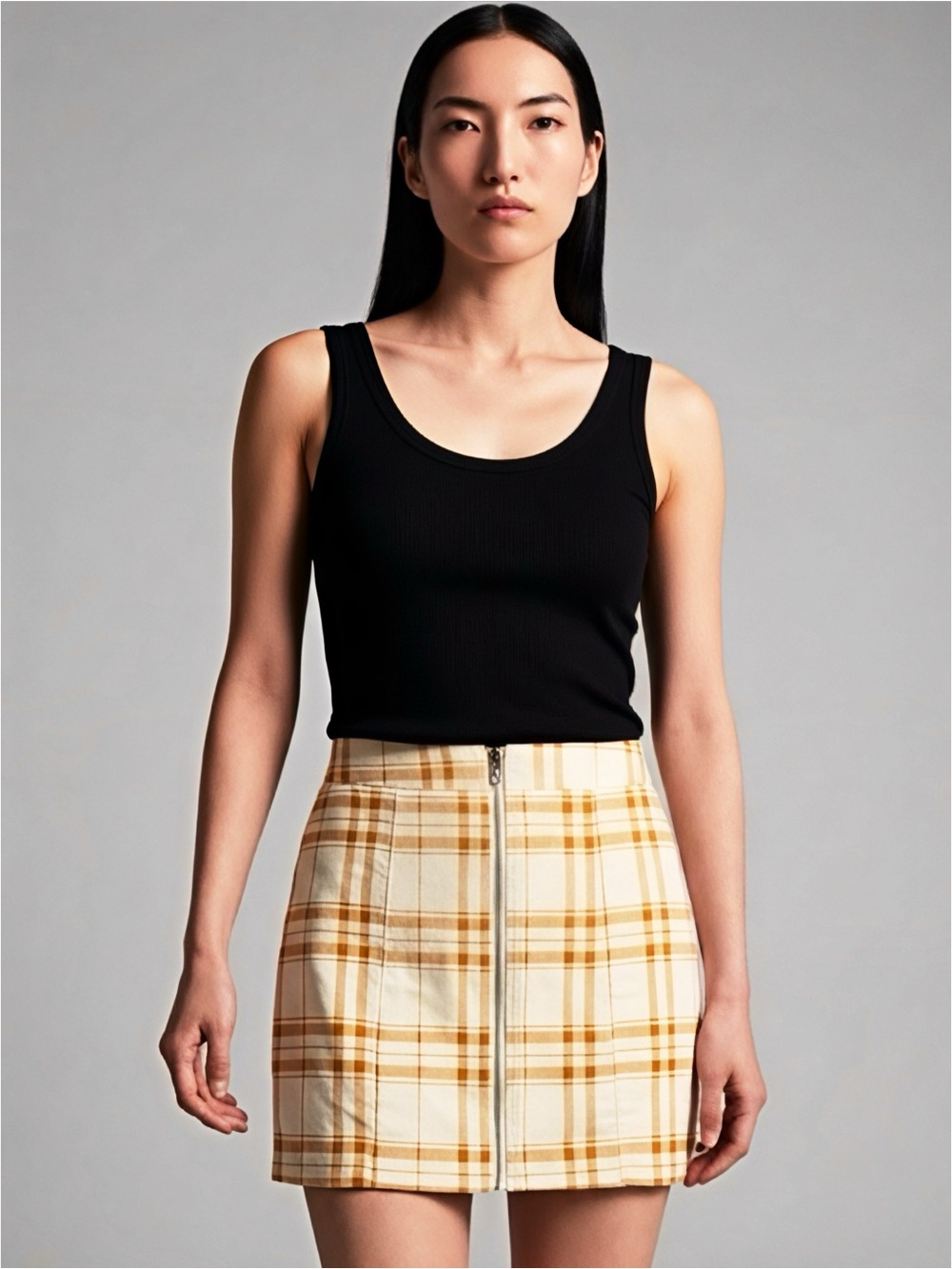 Forever 21 Plaid Zip-Front Cotton Mini Skirt Cream & Mustard Academia Fall Vibe